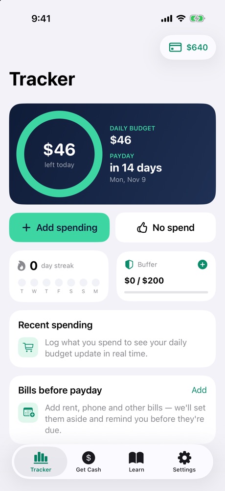Paymiru Tracker screen showing $46 left today and payday in 14 days